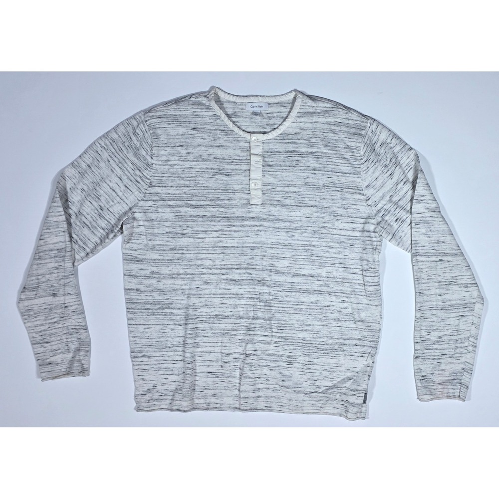 Calvin Klein Mens XXL White Grey Space Dye Long Sleeve Henley Shirt Cotton Modal